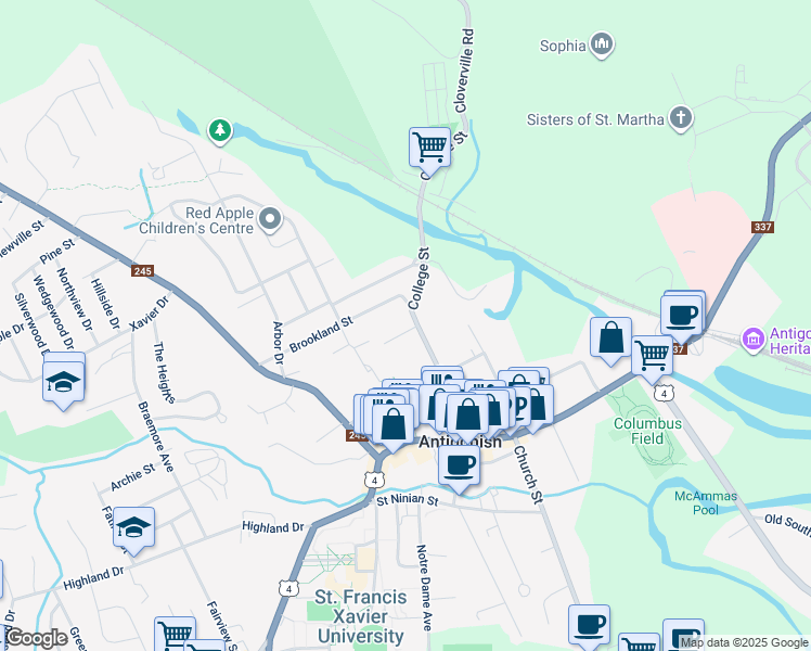 map of restaurants, bars, coffee shops, grocery stores, and more near 6 Malcolm Court in Antigonish