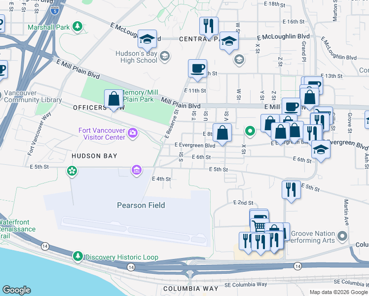 map of restaurants, bars, coffee shops, grocery stores, and more near 609 S Street in Vancouver
