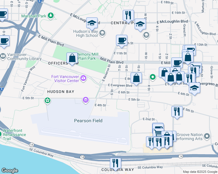 map of restaurants, bars, coffee shops, grocery stores, and more near 608 R Street in Vancouver