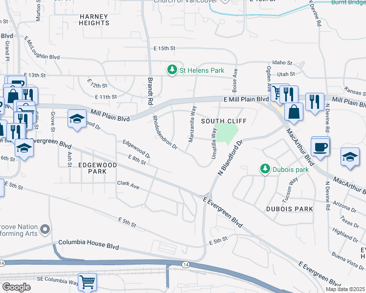 map of restaurants, bars, coffee shops, grocery stores, and more near 609 Rhododendron Drive in Vancouver