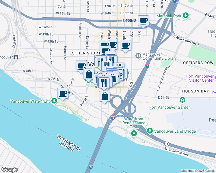 map of restaurants, bars, coffee shops, grocery stores, and more near 514 Washington Street in Vancouver