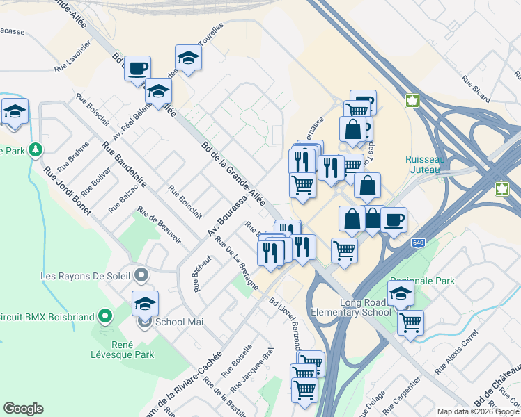 map of restaurants, bars, coffee shops, grocery stores, and more near 3235 Boulevard de la Grande-Allée in Boisbriand