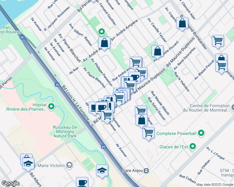 map of restaurants, bars, coffee shops, grocery stores, and more near Avenue Philippe Panneton in Montreal
