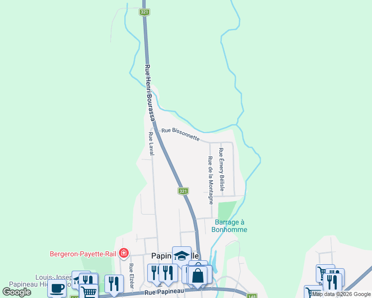map of restaurants, bars, coffee shops, grocery stores, and more near 259 Rue Bissonnette in Papineauville