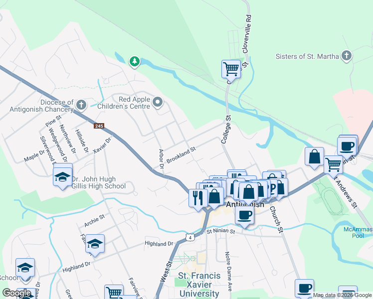 map of restaurants, bars, coffee shops, grocery stores, and more near 77 Brookland Street in Antigonish