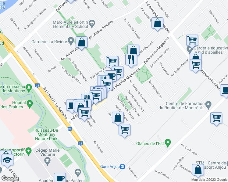 map of restaurants, bars, coffee shops, grocery stores, and more near 7556 Boulevard Maurice-Duplessis in Montréal