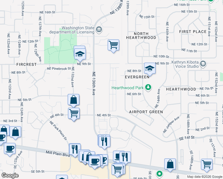 map of restaurants, bars, coffee shops, grocery stores, and more near 601 Northeast 138th Place in Vancouver