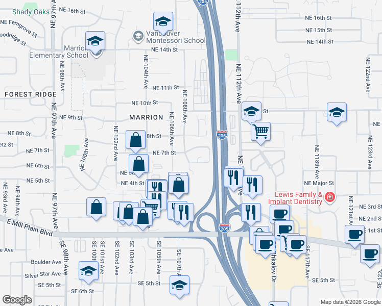 map of restaurants, bars, coffee shops, grocery stores, and more near 10802 Northeast 6th Street in Vancouver