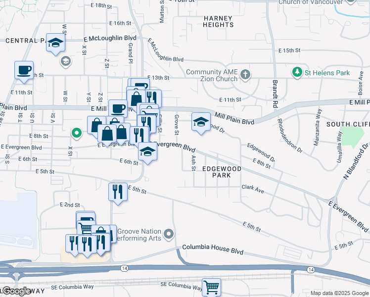 map of restaurants, bars, coffee shops, grocery stores, and more near 627 Martin Way in Vancouver