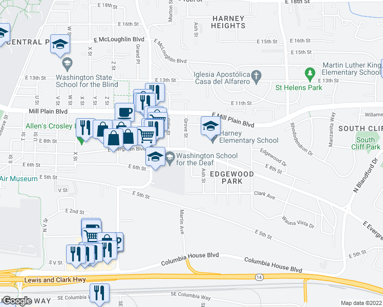 map of restaurants, bars, coffee shops, grocery stores, and more near 627 Martin Way in Vancouver