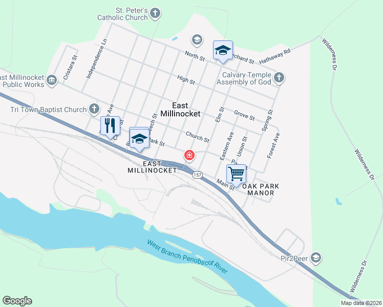 map of restaurants, bars, coffee shops, grocery stores, and more near 4 Elm Street in East Millinocket