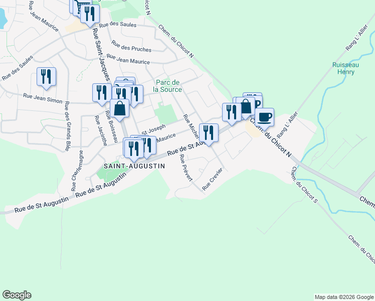 map of restaurants, bars, coffee shops, grocery stores, and more near 15412 Rue de Saint Augustin in Mirabel