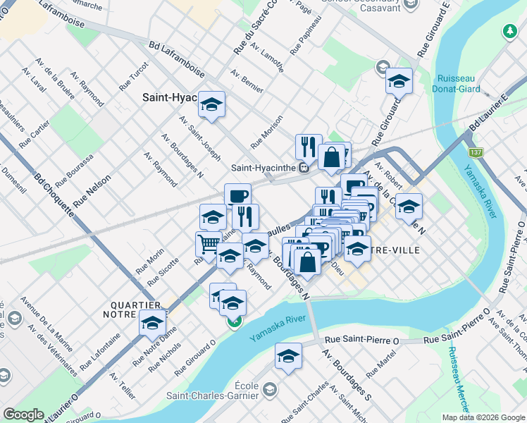 map of restaurants, bars, coffee shops, grocery stores, and more near 1910 Rue Brébeuf in Saint-Hyacinthe