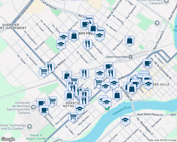 map of restaurants, bars, coffee shops, grocery stores, and more near 1390 Avenue de la Bruère in Saint-Hyacinthe