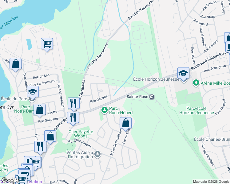 map of restaurants, bars, coffee shops, grocery stores, and more near 234 Rue Laguerrier in Laval
