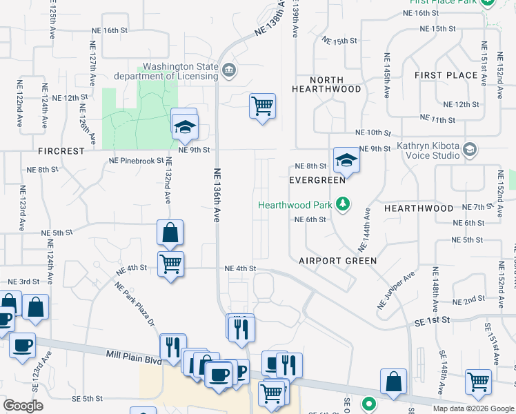 map of restaurants, bars, coffee shops, grocery stores, and more near 601 Northeast 138th Place in Vancouver