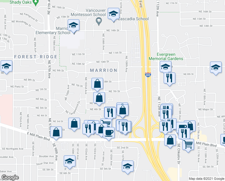 map of restaurants, bars, coffee shops, grocery stores, and more near 609 Northeast 104th Avenue in Vancouver