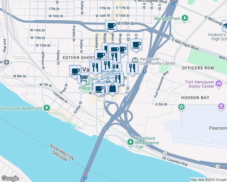 map of restaurants, bars, coffee shops, grocery stores, and more near 101 East 6th Street in Vancouver