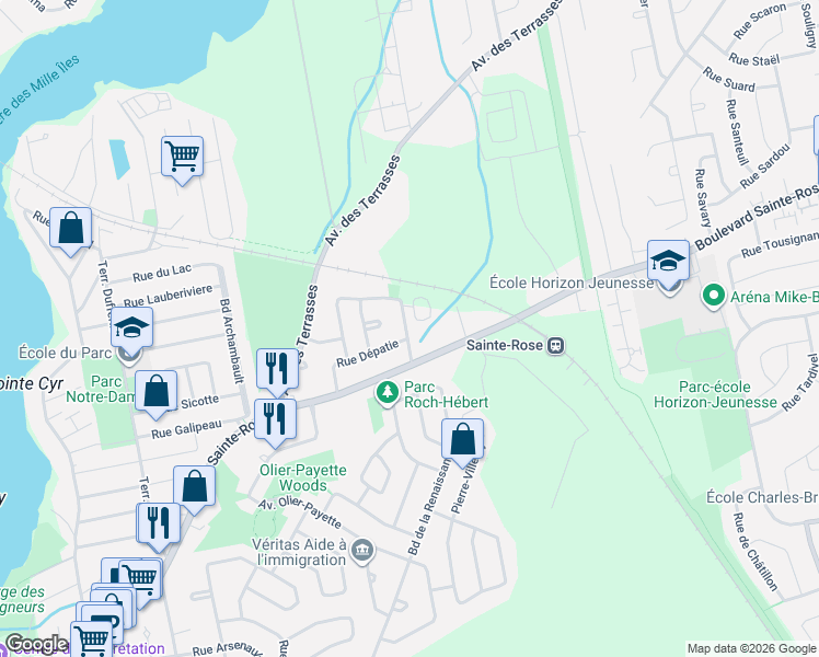 map of restaurants, bars, coffee shops, grocery stores, and more near 192 Rue Laguerrier in Laval