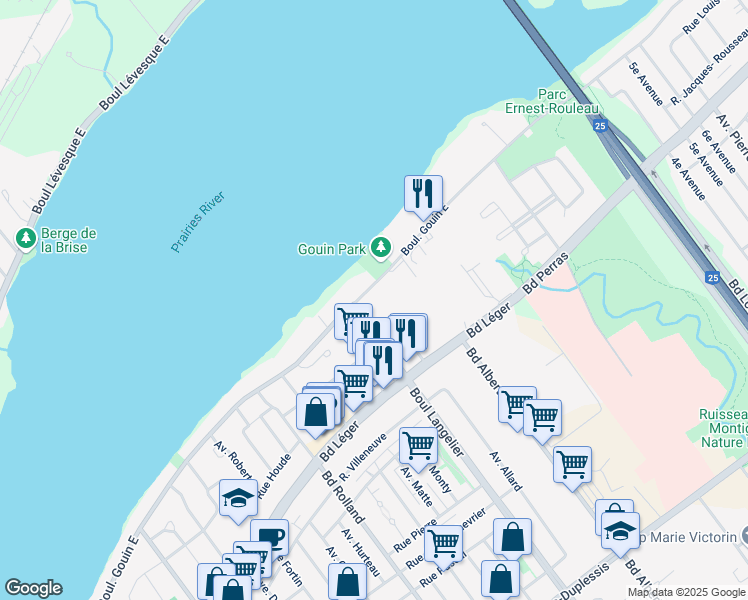map of restaurants, bars, coffee shops, grocery stores, and more near 6700 Boulevard Gouin Est in Montréal