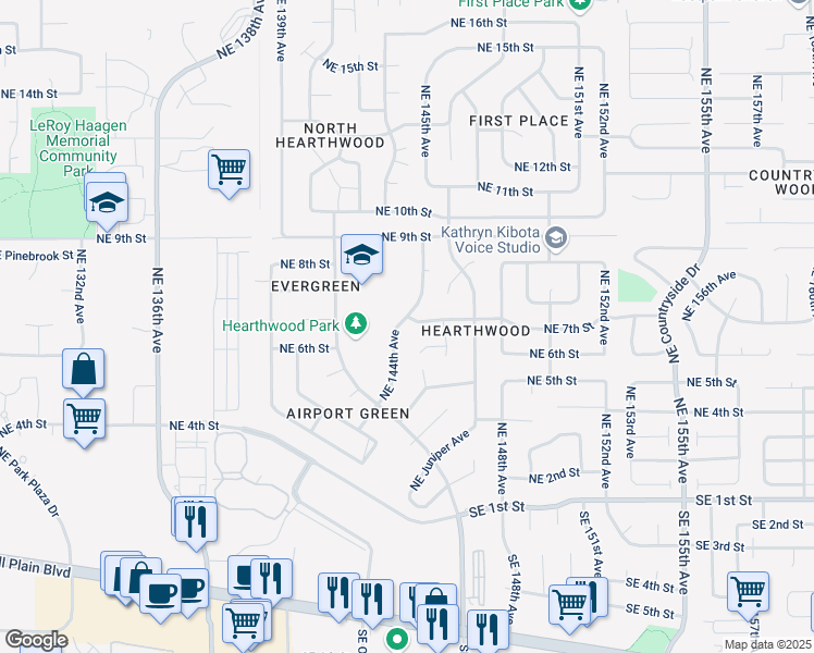 map of restaurants, bars, coffee shops, grocery stores, and more near 14400 Northeast 6th Circle in Vancouver