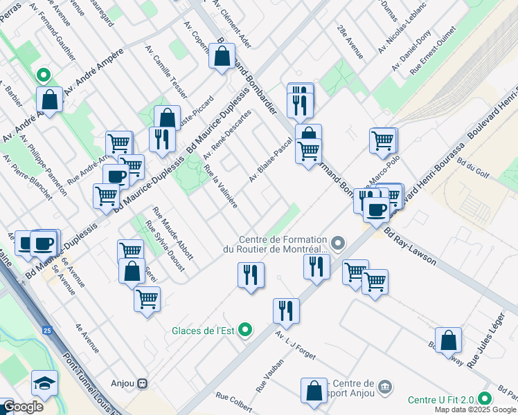 map of restaurants, bars, coffee shops, grocery stores, and more near 11541 Avenue Olivier Charbonneau in Montréal