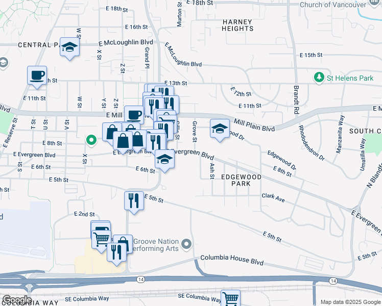 map of restaurants, bars, coffee shops, grocery stores, and more near 3109 East Evergreen Boulevard in Vancouver