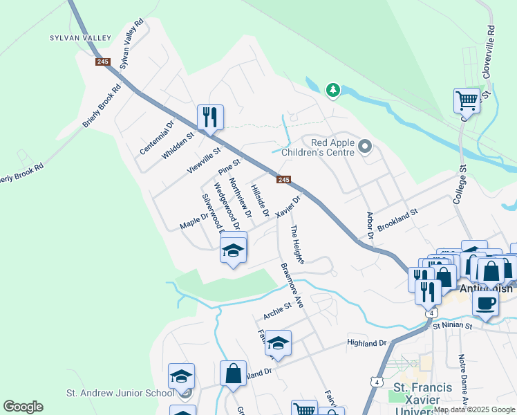 map of restaurants, bars, coffee shops, grocery stores, and more near 22 Xavier Drive in Antigonish