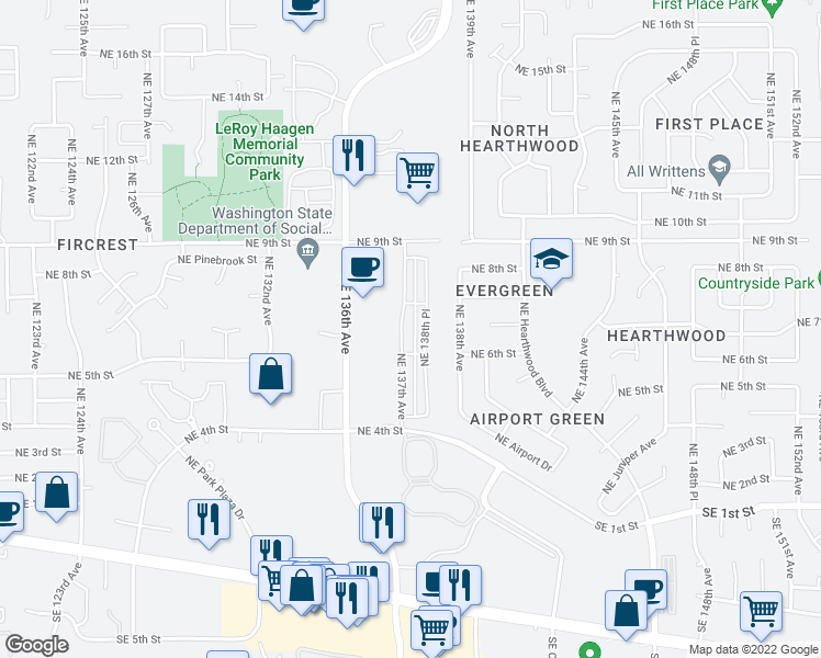 map of restaurants, bars, coffee shops, grocery stores, and more near 601 Northeast 138th Place in Vancouver