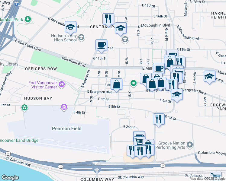 map of restaurants, bars, coffee shops, grocery stores, and more near 2121 East Evergreen Boulevard in Vancouver