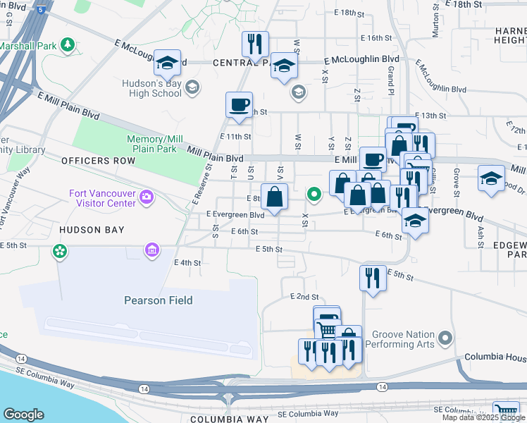 map of restaurants, bars, coffee shops, grocery stores, and more near 2121 East Evergreen Boulevard in Vancouver