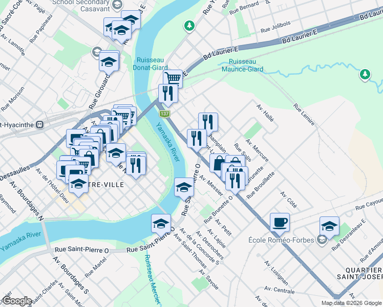 map of restaurants, bars, coffee shops, grocery stores, and more near 15355 Avenue Saint-Louis in Saint-Hyacinthe