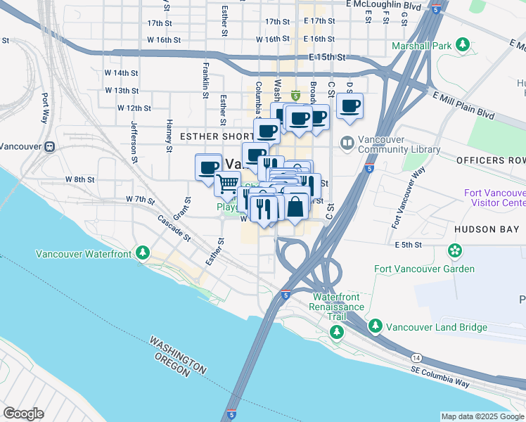 map of restaurants, bars, coffee shops, grocery stores, and more near 514 Washington Street in Vancouver