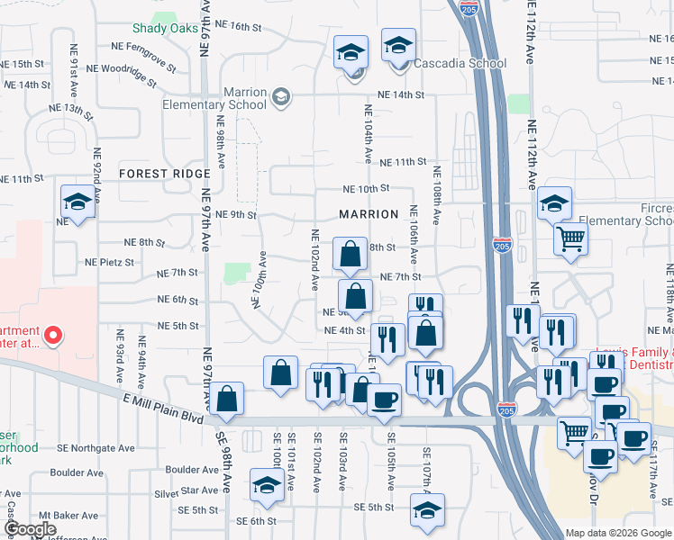 map of restaurants, bars, coffee shops, grocery stores, and more near 615 Northeast 103rd Court in Vancouver