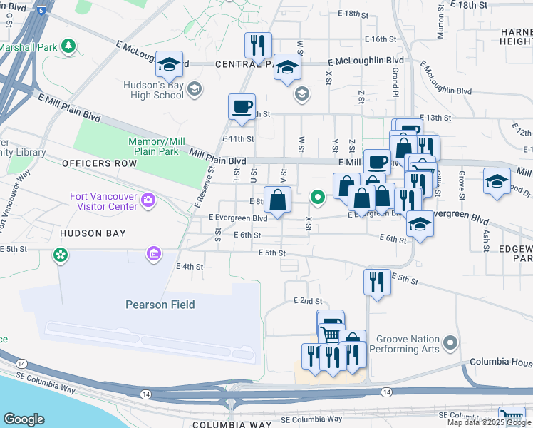 map of restaurants, bars, coffee shops, grocery stores, and more near 2121 East Evergreen Boulevard in Vancouver