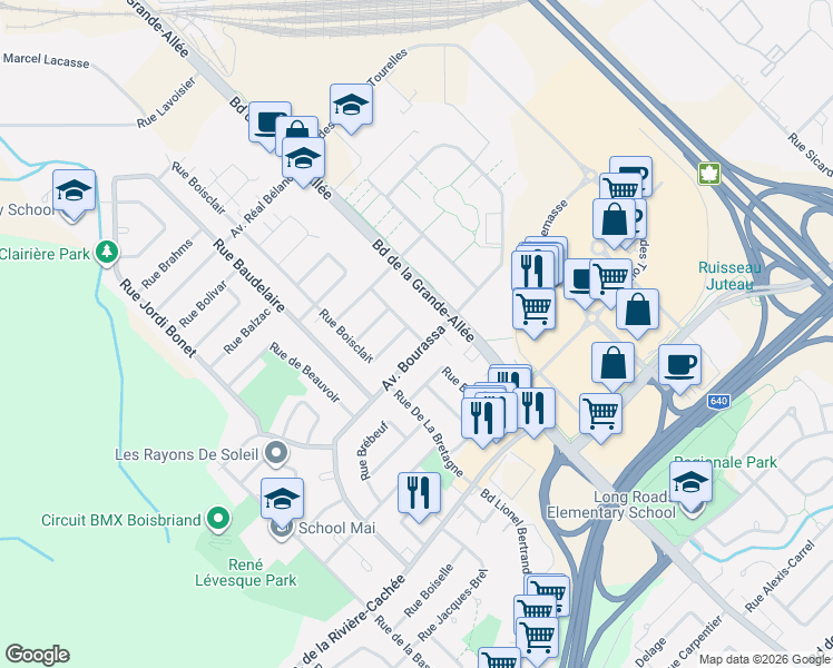 map of restaurants, bars, coffee shops, grocery stores, and more near 1005 Rue des Francs-Bourgeois in Boisbriand