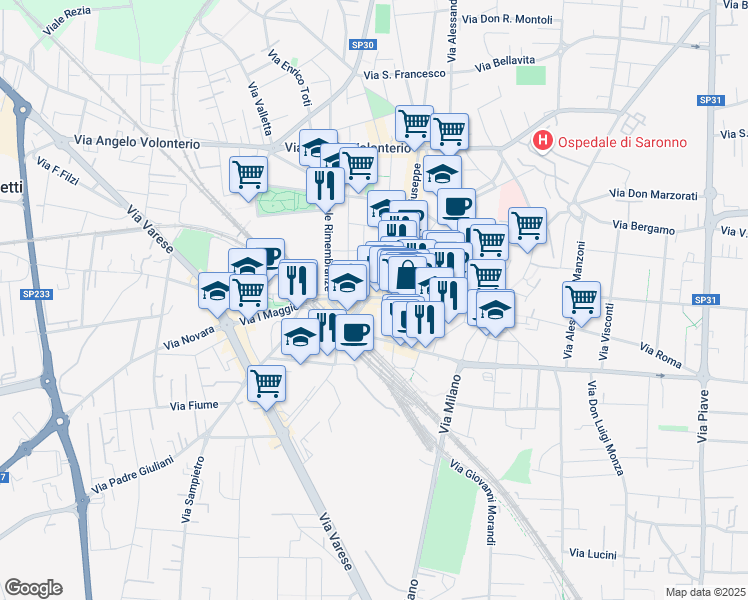 map of restaurants, bars, coffee shops, grocery stores, and more near 10 Piazzale Cadorna in Saronno