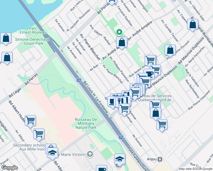 map of restaurants, bars, coffee shops, grocery stores, and more near 12165 5e Avenue in Montréal