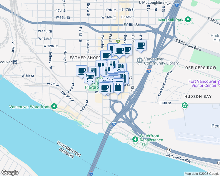 map of restaurants, bars, coffee shops, grocery stores, and more near 514 Washington Street in Vancouver