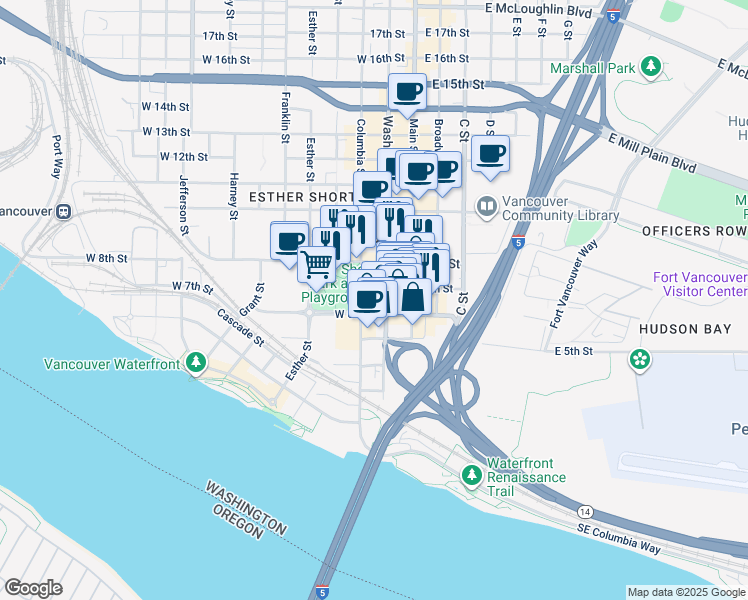 map of restaurants, bars, coffee shops, grocery stores, and more near 514 Washington Street in Vancouver