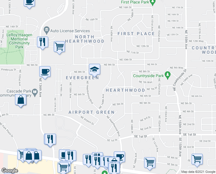 map of restaurants, bars, coffee shops, grocery stores, and more near 14502 Northeast 7th Street in Vancouver