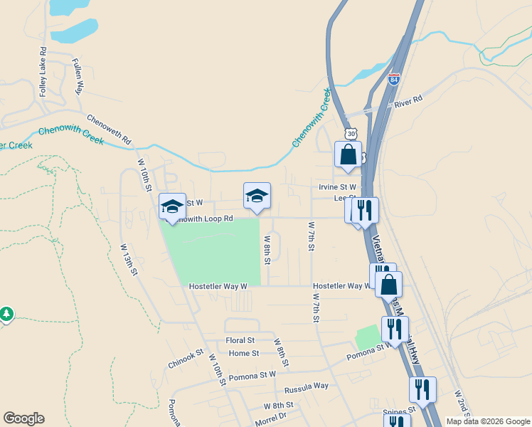 map of restaurants, bars, coffee shops, grocery stores, and more near Chenoweth Road in The Dalles