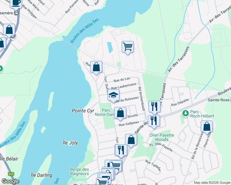 map of restaurants, bars, coffee shops, grocery stores, and more near 6 Rue de la Montagne in Laval