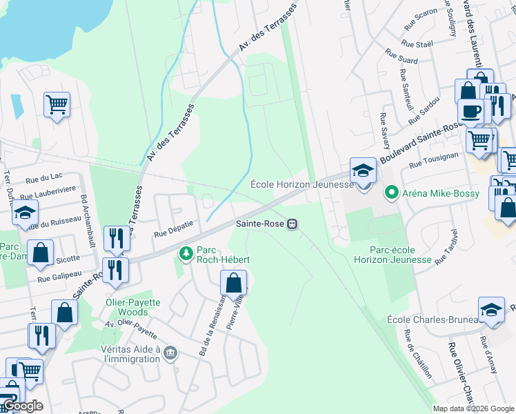 map of restaurants, bars, coffee shops, grocery stores, and more near 96 Boulevard Sainte-Rose Est in Laval