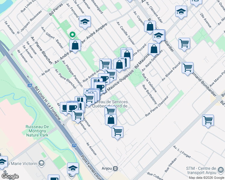 map of restaurants, bars, coffee shops, grocery stores, and more near 7596 Boulevard Maurice-Duplessis in Montréal