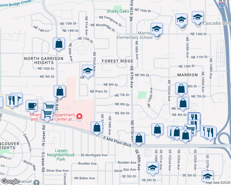 map of restaurants, bars, coffee shops, grocery stores, and more near 9505 Northeast 7th Street in Vancouver