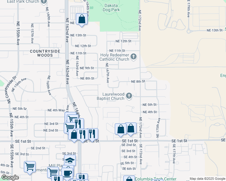 map of restaurants, bars, coffee shops, grocery stores, and more near 609 Northeast 168th Avenue in Vancouver