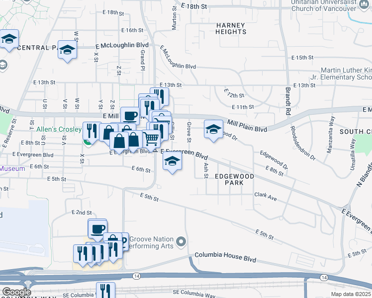map of restaurants, bars, coffee shops, grocery stores, and more near 3109 East Evergreen Boulevard in Vancouver