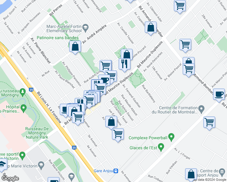 map of restaurants, bars, coffee shops, grocery stores, and more near 7596 Boulevard Maurice-Duplessis in Montréal