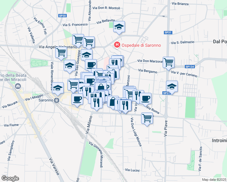 map of restaurants, bars, coffee shops, grocery stores, and more near 16 Via Roma in Saronno